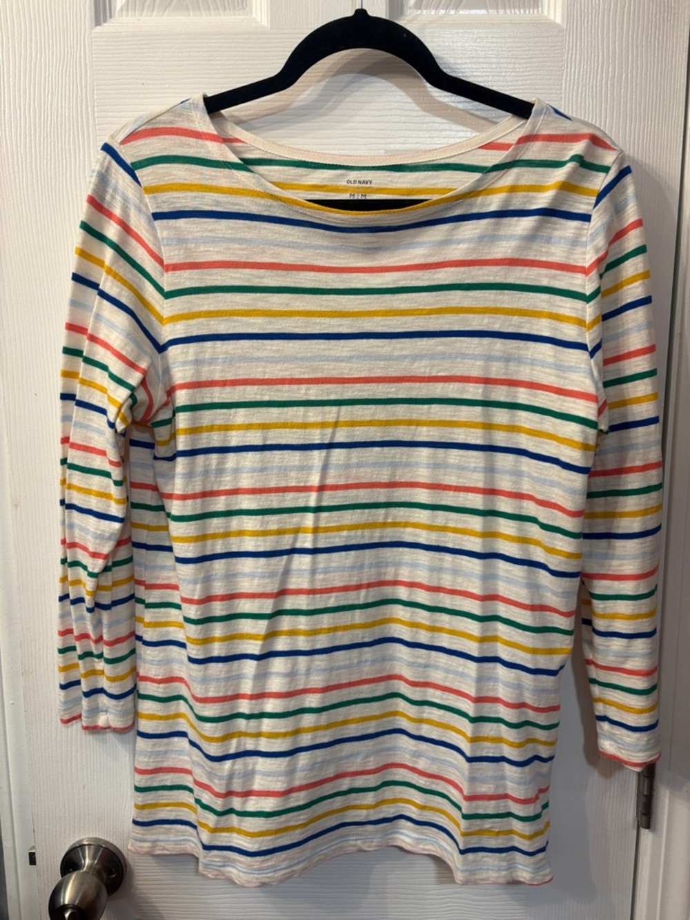 Old Navy White Striped Tee with Blue Yellow Green Accents